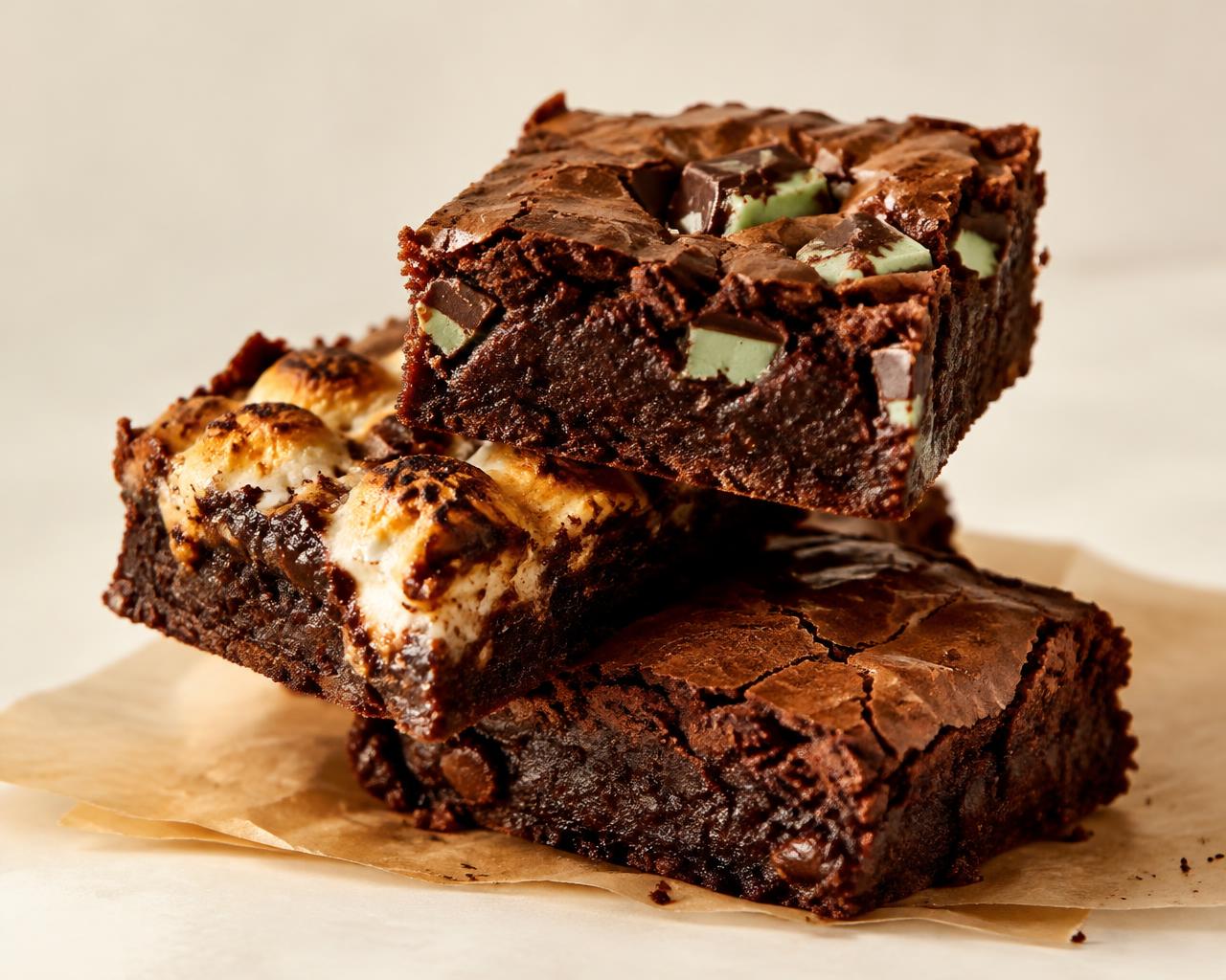 Stacked Andes mint, mallow and chocolate brownies
