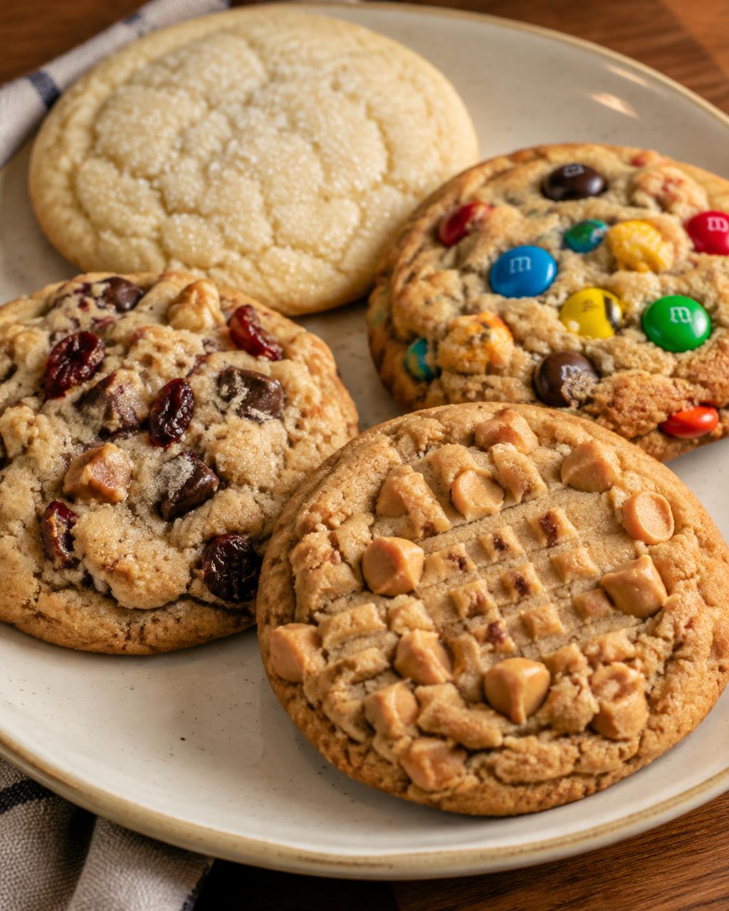 Sugar, M&M, cranberry walnut and peanut butter chip cookies on a plate